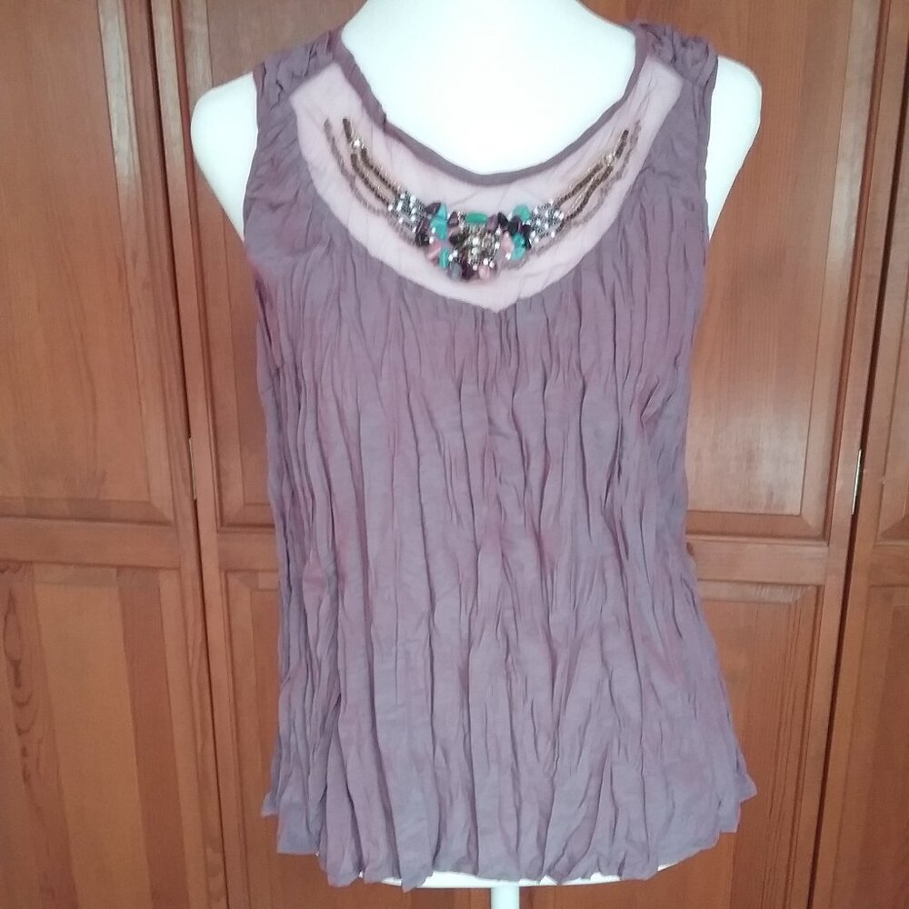 Anne Giorgio Purple Beaded Necklace, Pleated Sleeveless Tank Top